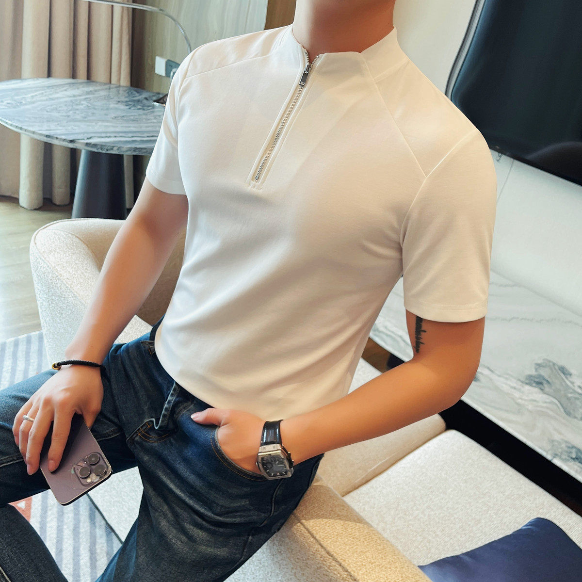 7507-P58拉链立领短袖POLO衫男士夏季新款修身半袖纯色体恤,男装Polo衫,电商B333