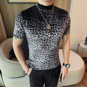 2615-P38 豹纹男士短袖t恤高级感网红潮流男装半高领男款花打底衫图片