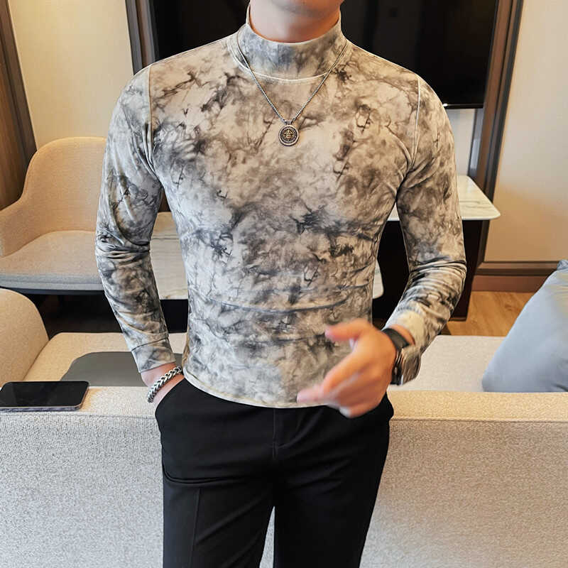 T6913-P58绒布印花男士打底衫秋冬款新款半高领内搭中领长袖T恤,男装T恤,电商B333
