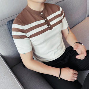 3771-P65 无领针织冰丝短袖POLO衫夏季新款间色条纹简约体恤,男装Polo衫,电商B333