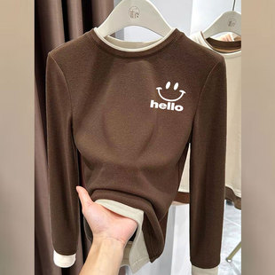 显瘦打底上衣 T恤拼接假两件设计感修身 秋冬款 女德绒加厚保暖长袖