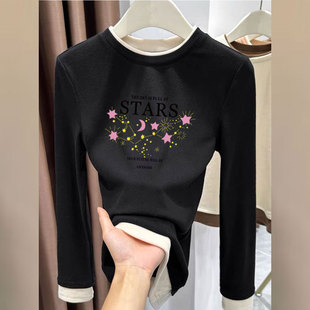 显瘦打底上衣 T恤女拼接假两件设计感修身 秋冬款 加厚德绒保暖长袖