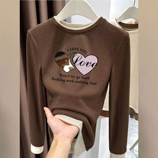 显瘦拼接假两件设计感上衣 打底T恤修身 秋冬款 女加厚保暖德绒长袖