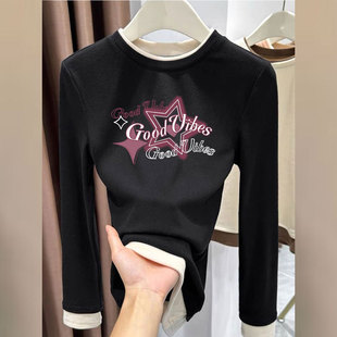 显瘦上衣 打底T恤拼接假两件设计感修身 秋冬款 女加厚保暖德绒长袖