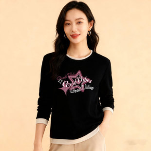 秋冬女加厚保暖德绒长袖 显瘦印花打底上衣 T恤圆领拼接设计感修身
