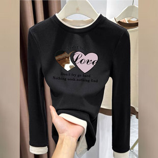 显瘦拼接假两件设计感上衣 打底T恤女修身 秋冬款 加厚保暖德绒长袖