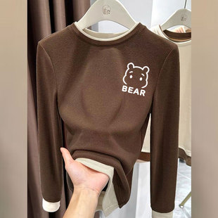 显瘦打底上衣 T恤拼接假两件设计感修身 秋冬款 女加厚德绒保暖长袖
