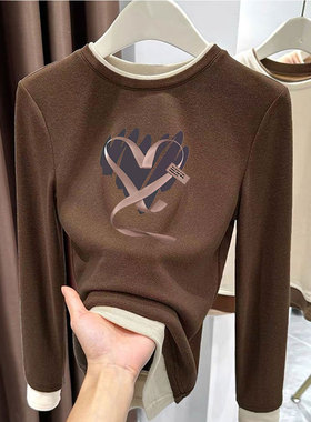 秋冬款女德绒加厚保暖假两件拼接长袖T恤设计感修身显瘦打底上衣