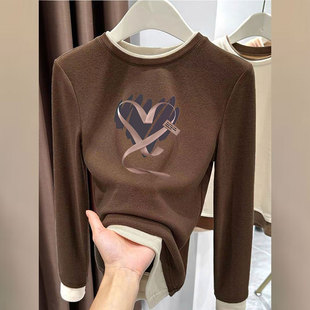 显瘦打底上衣 T恤设计感修身 秋冬款 女德绒加厚保暖假两件拼接长袖