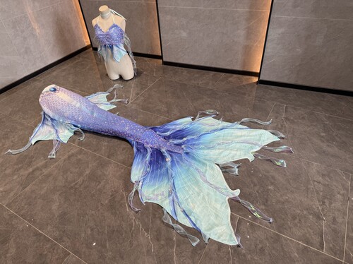 YUNER烫金飘纱美人鱼尾巴鱼尾鱼皮海洋馆拍摄表演服泳衣海边摄影