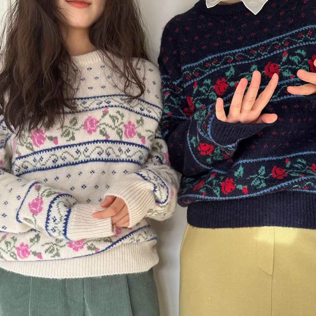 现货2025冬季新韩国东大门sie*ne复古毛衣圆领套头玫瑰提花针织衫