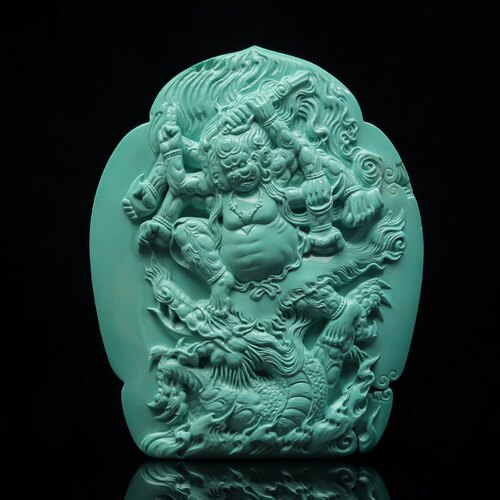 湖北十堰云盖高瓷原矿绿松石雕刻雕件吊坠手件大笑明王名家作品