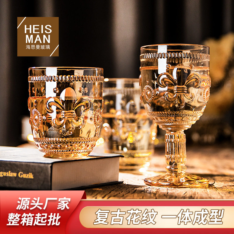 北欧复古浮雕玻璃杯圆形百合花水杯家用金边果汁杯鸢尾花高脚
