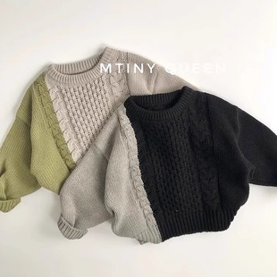 韩国男女童拼色毛衣中小童宽松针织套头外套潮衫 腔调 个性 BI眼入