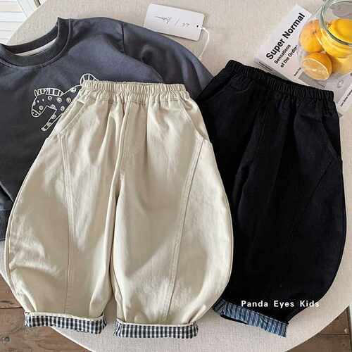 波拉小卷边拼接直筒工装裤儿童秋装裤子宝宝宽松纯色耐磨休闲裤