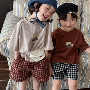 2025夏 森系中裤 时髦复古棉麻短裤 韩国男女儿童休闲柔软格子短裤