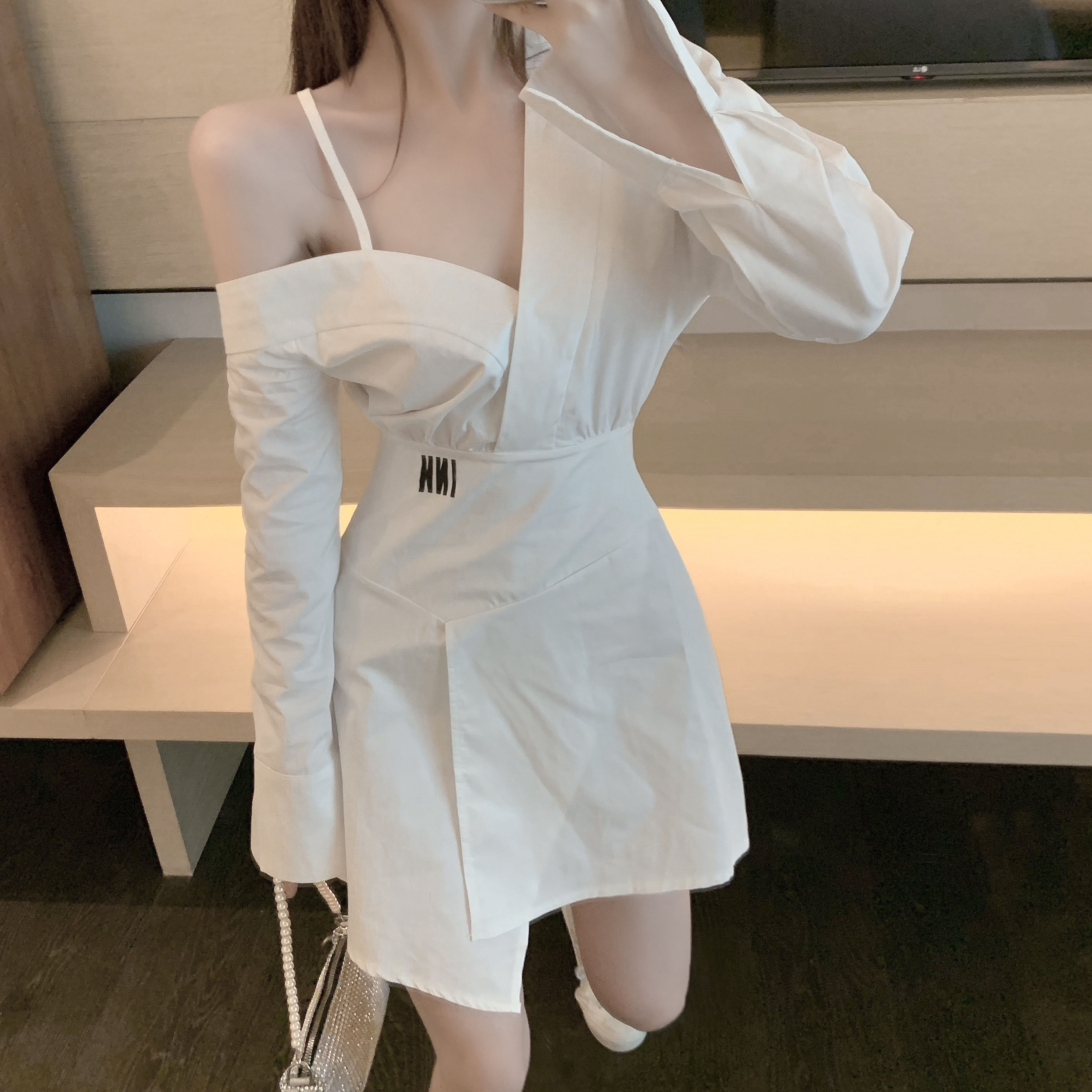 Real price new sling off the shoulder dress waist long sleeve irregular oblique shoulder skirt