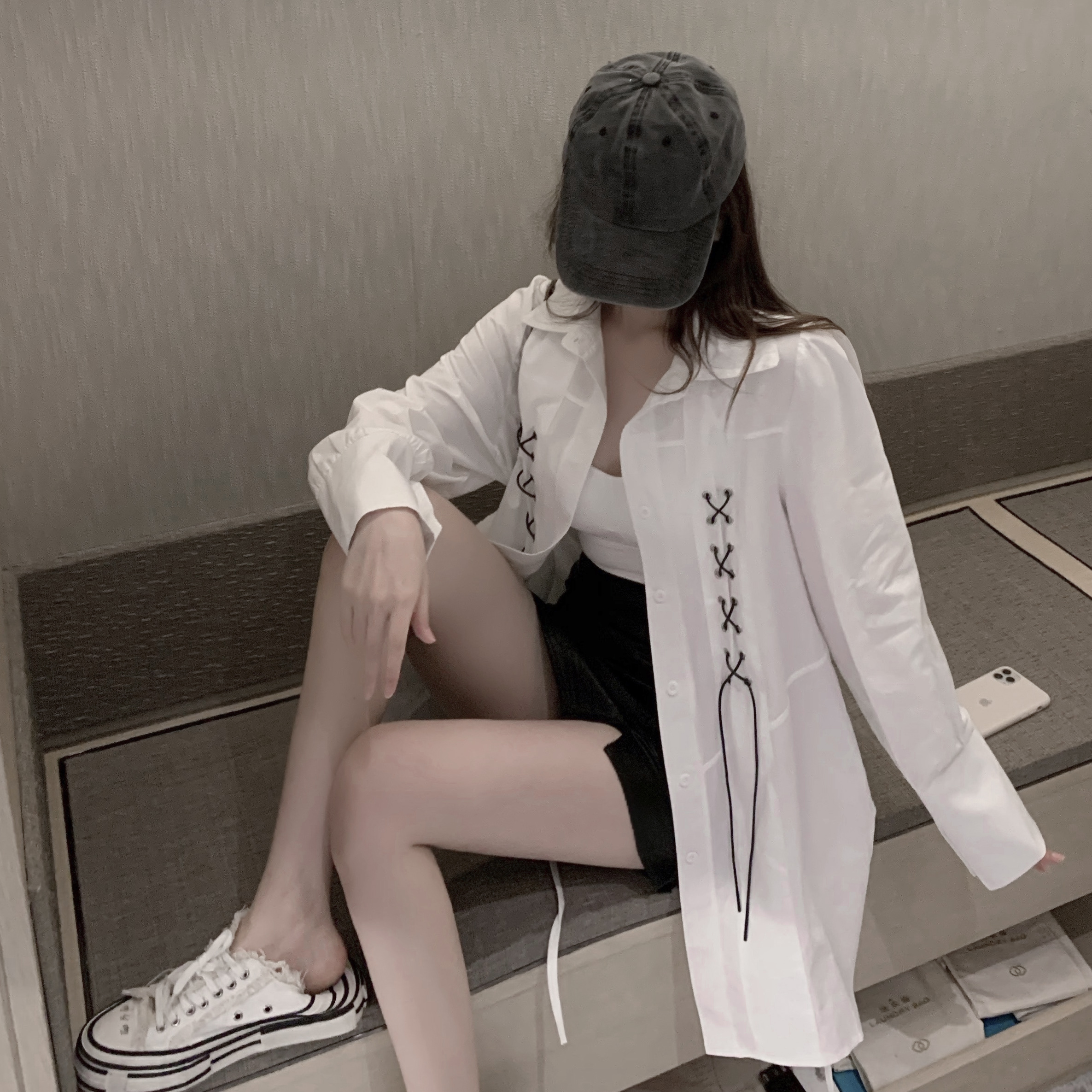 Real price new design fashion lace up shirt high waist versatile leather skirt three piece set