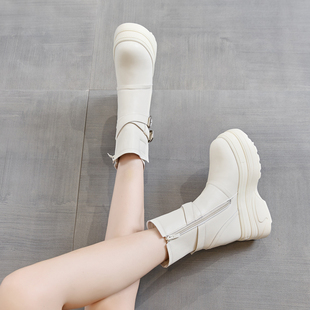 12cm内增高马丁靴女小个子2025年新款 中筒靴秋冬加绒真皮厚底短靴