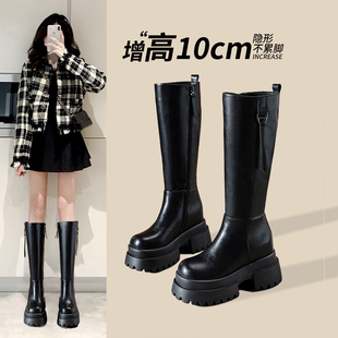 10CM内增高长靴女秋冬2025年新款小个子不过膝高筒骑士靴真皮显瘦