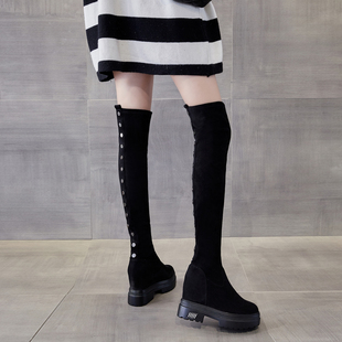 真皮10cm内增高长筒过膝靴女2025新款小个子厚底弹力瘦瘦靴不掉筒