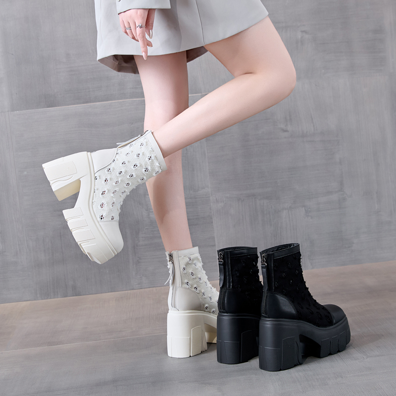 12cm增高跟马丁靴女春秋薄款透气短靴2025新款小个子厚底镂空单靴