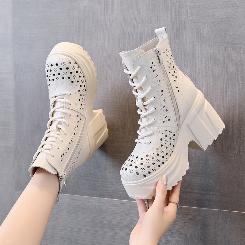 真皮10cm增高跟马丁靴女春秋单靴薄款透气短靴夏2025新款镂空网靴