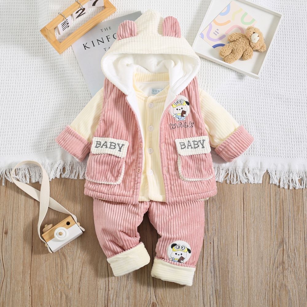 婴儿秋冬马甲套装男女宝宝加厚三件套婴幼儿中厚夹棉衣服外出服