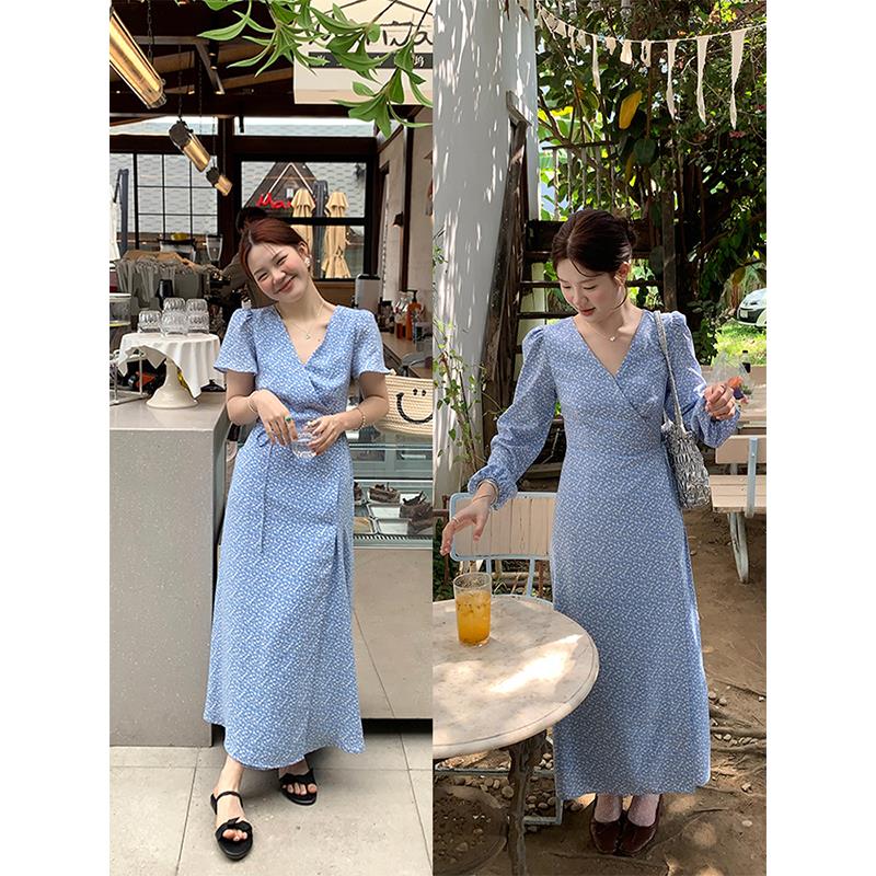 火火火【莱蒙庄园】韩系v领碎花连衣裙女宽松短袖收腰度假风长裙