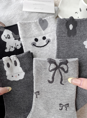 无骨灰色系中长筒袜子女秋冬新款高筒精梳棉韩版卡通春秋透气可爱