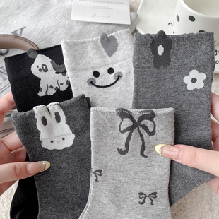 无骨灰色系中长筒袜子女秋冬新款 卡通春秋透气可爱 高筒精梳棉韩版