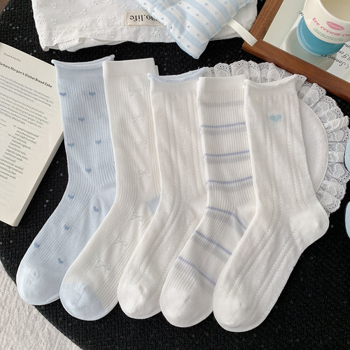 超薄浅蓝爱心镂空长筒袜女棉袜