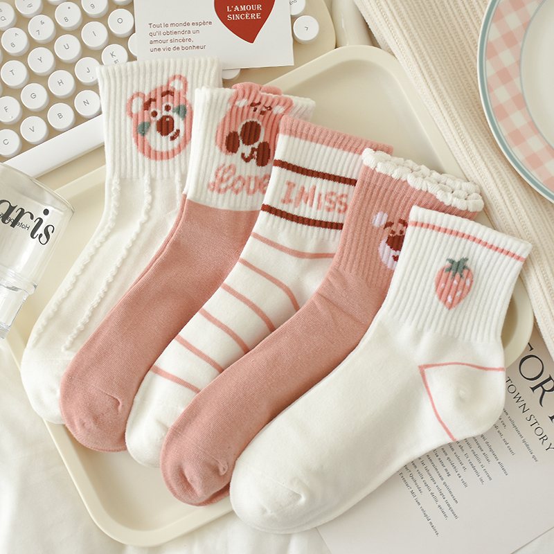 粉色草莓熊女生纯棉春秋中筒袜