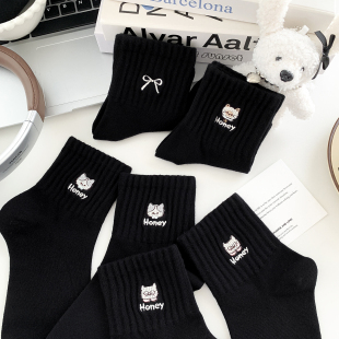 黑色刺绣小猫袜子女中筒袜秋冬新款 精梳棉透气运动蝴蝶结春秋可爱