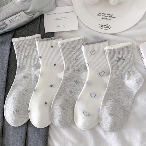 麻灰蝴蝶结秋冬中筒袜女棉袜新款