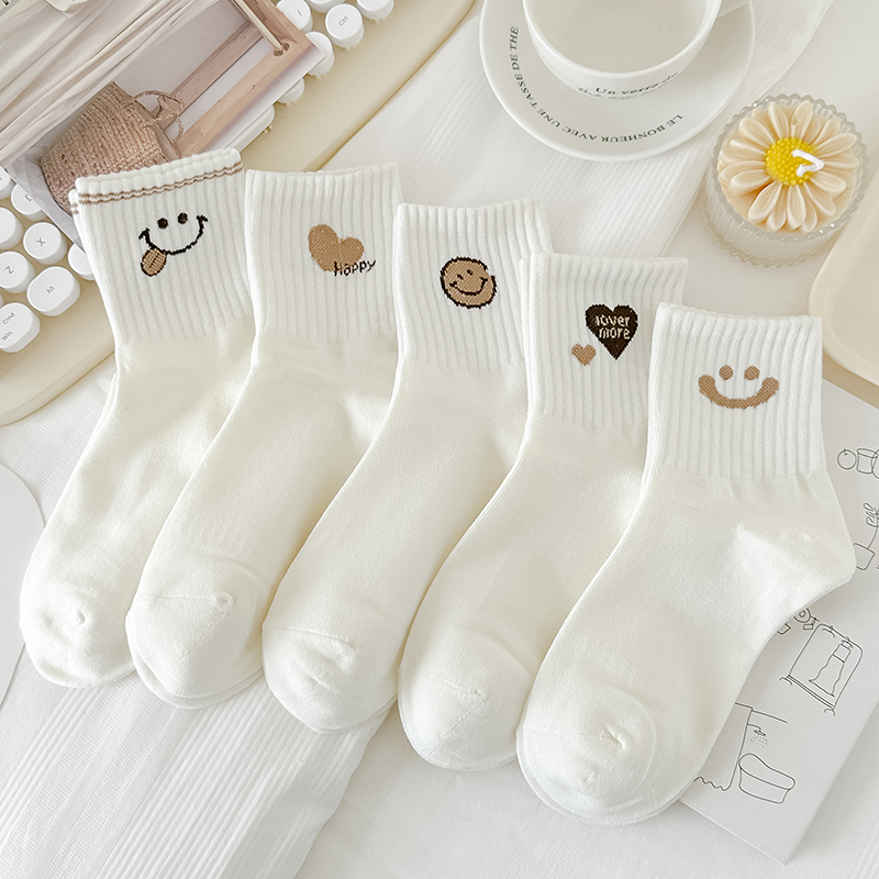 5双白色运动风中筒袜女生纯棉