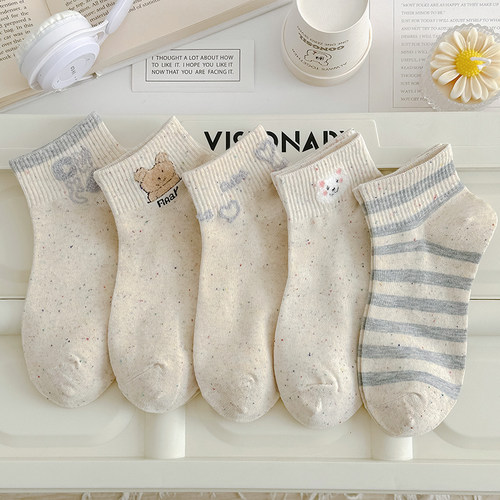 浅蓝灰点纱纯棉小熊袜子女短袜