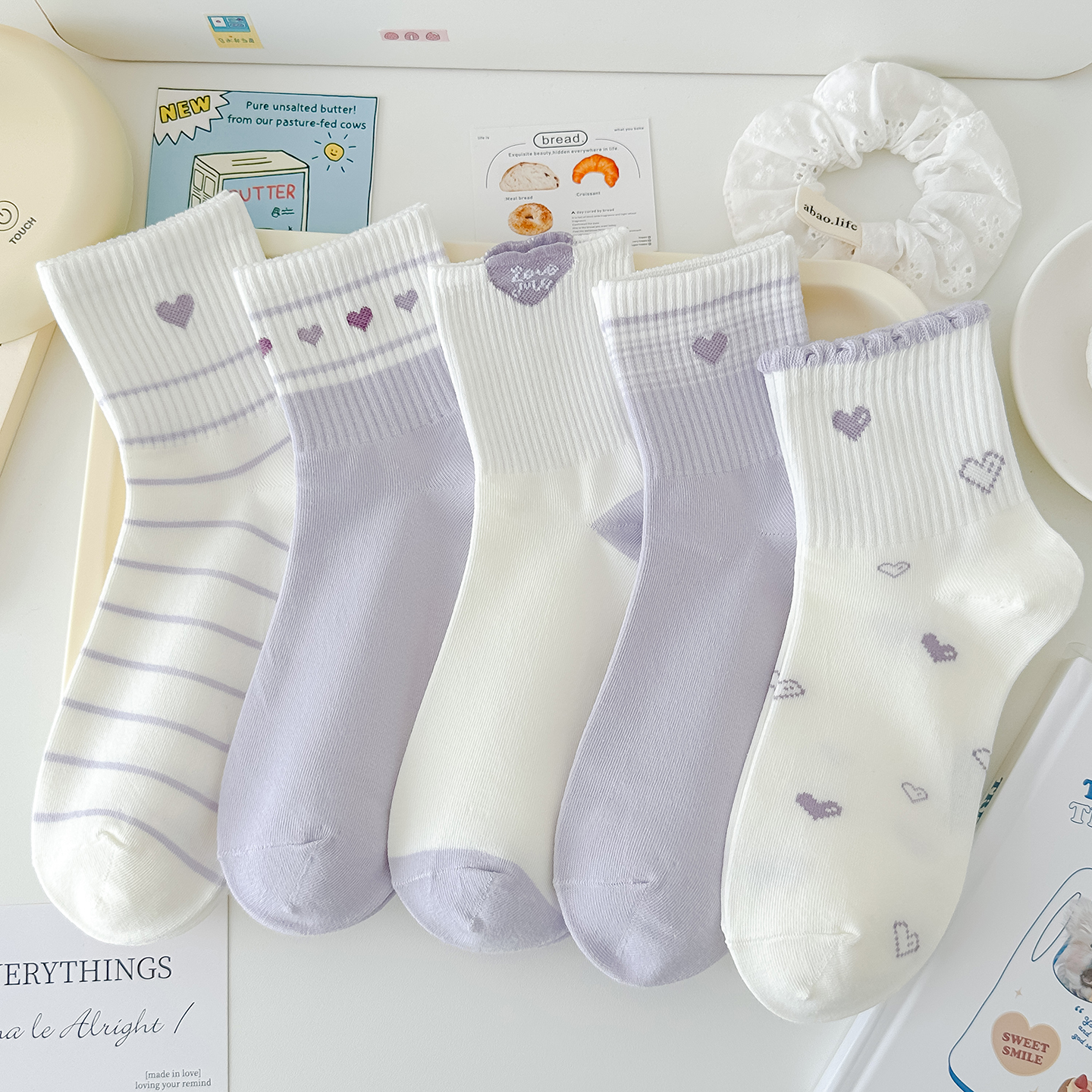 紫色爱心条纹甜美纯棉中筒女袜