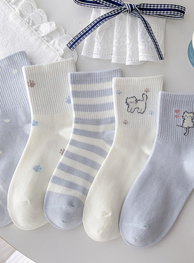 蓝色小猫春秋袜子女中筒袜运动风精梳棉可爱日系甜美秋季新款透气