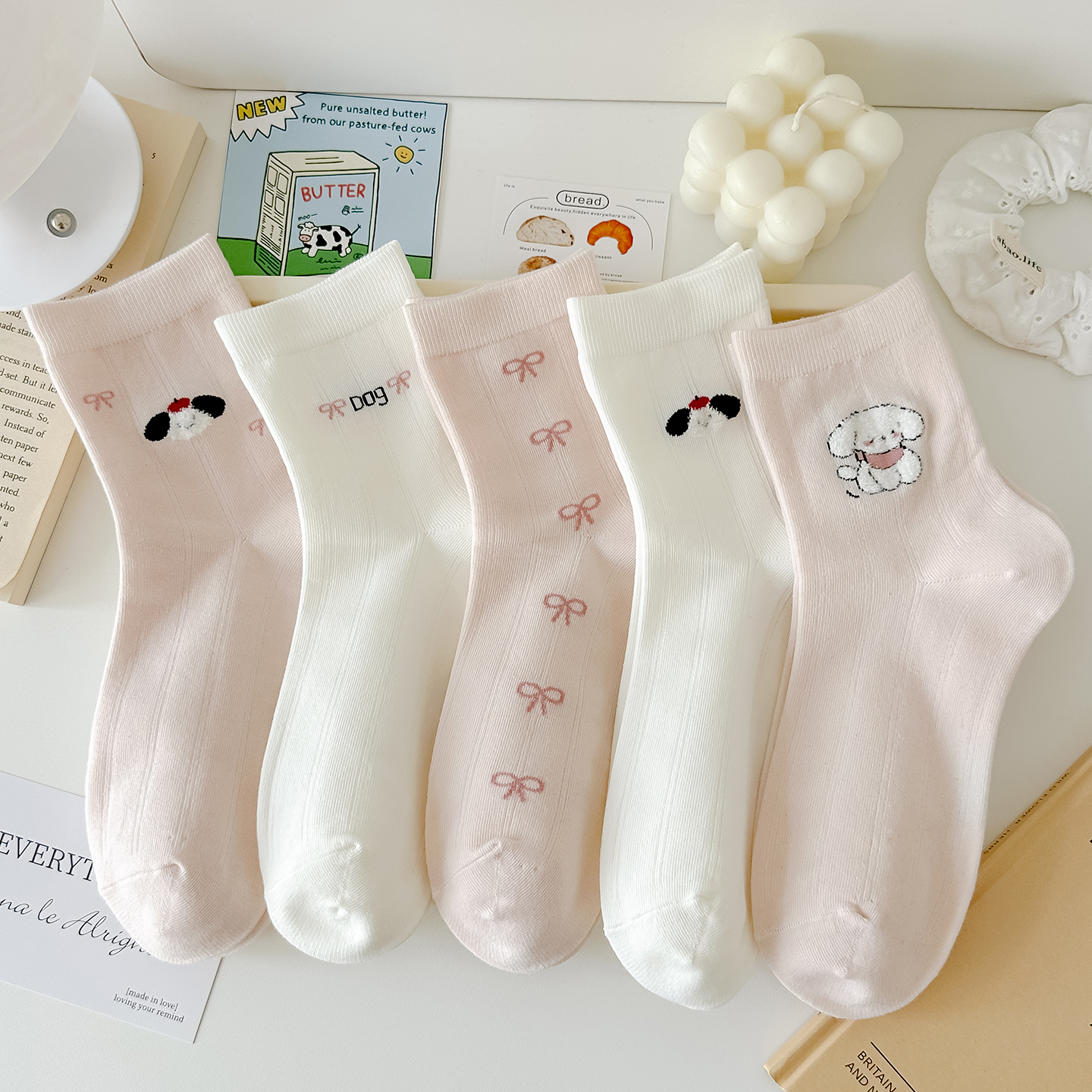 嫩粉可爱小狗蝴蝶结春秋女中筒袜