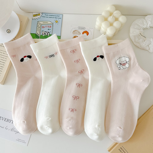 嫩粉可爱小狗蝴蝶结春秋女中筒袜