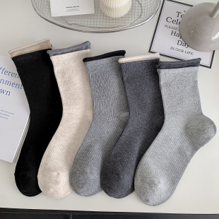 卡其灰色系双螺口卷边袜子女春秋中筒袜韩系简约百搭ins潮精梳棉
