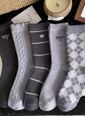 暖绒加厚冬季灰色袜子女保暖长筒袜韩系菱形格秋冬中筒袜加绒抗寒