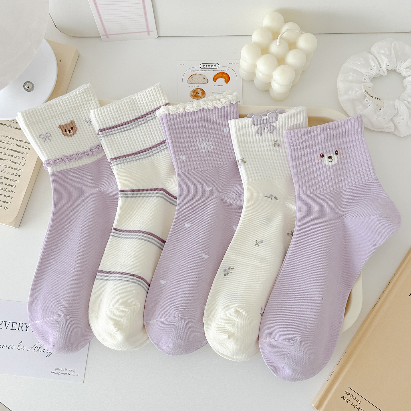 紫色新款小熊袜子女春秋中筒袜