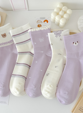 紫色新款小熊袜子女春秋中筒袜精梳棉透气蝴蝶结泡泡口花边运动风