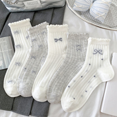 超薄灰色蝴蝶结花边袜子女中筒袜夏季 棉袜镂空网眼透气芭蕾风 薄款