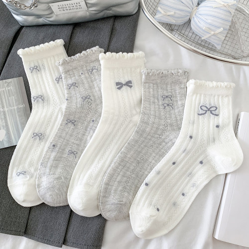 超薄灰色蝴蝶结花边棉袜女中筒袜