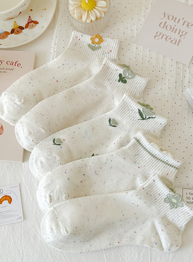 绿色小花点纱袜子女夏季薄款短袜纯色精梳棉网眼透气船袜运动浅口