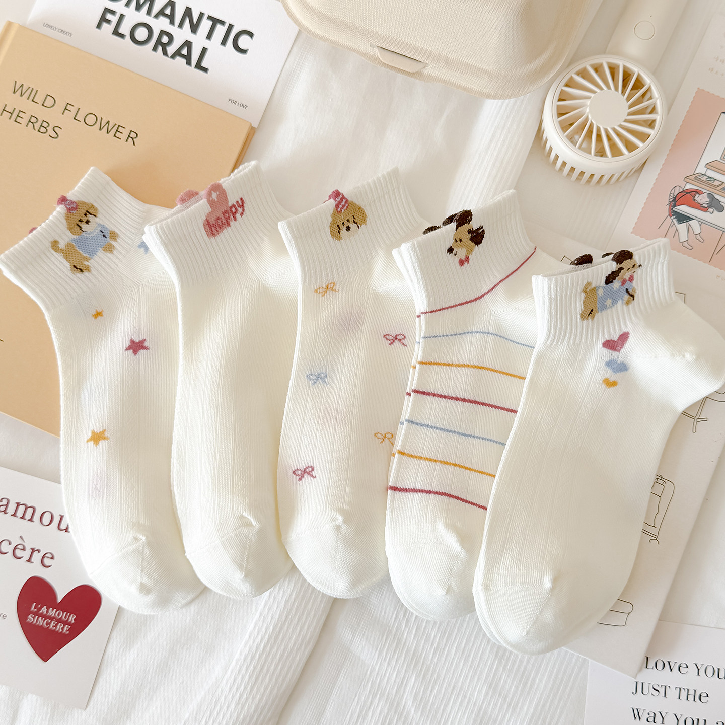 网面白色卡通袜子女春夏新款短袜可爱小狗夏季薄款棉袜甜美运动风