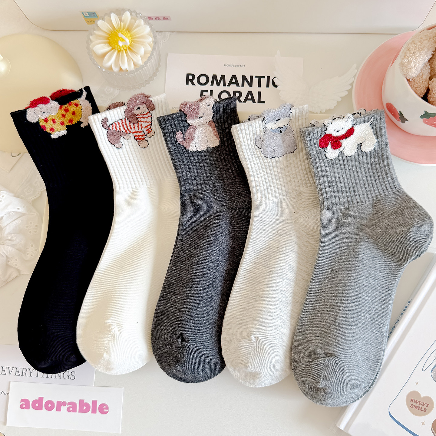 新款羽毛纱小狗中筒袜女四季外穿